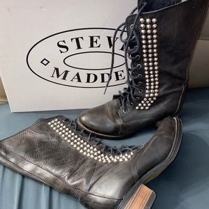 STEVE MADDEN Black Leather Zip Combat Studded High Ankle Boots Size 10